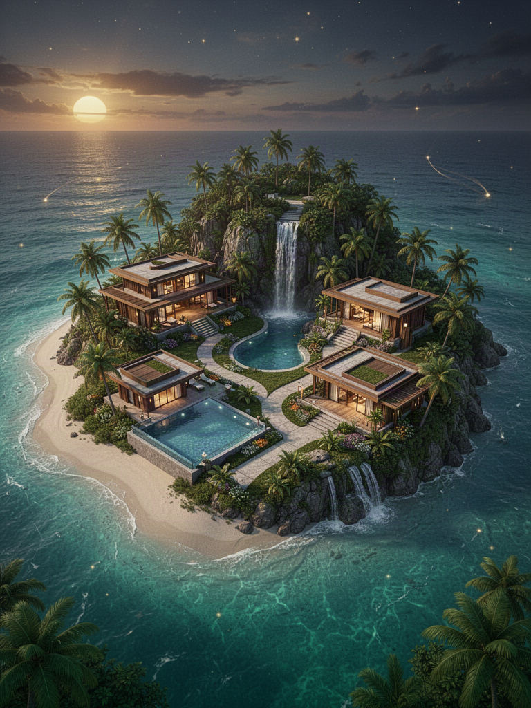 Immersive tropical island with villas, garden, and turquoise water